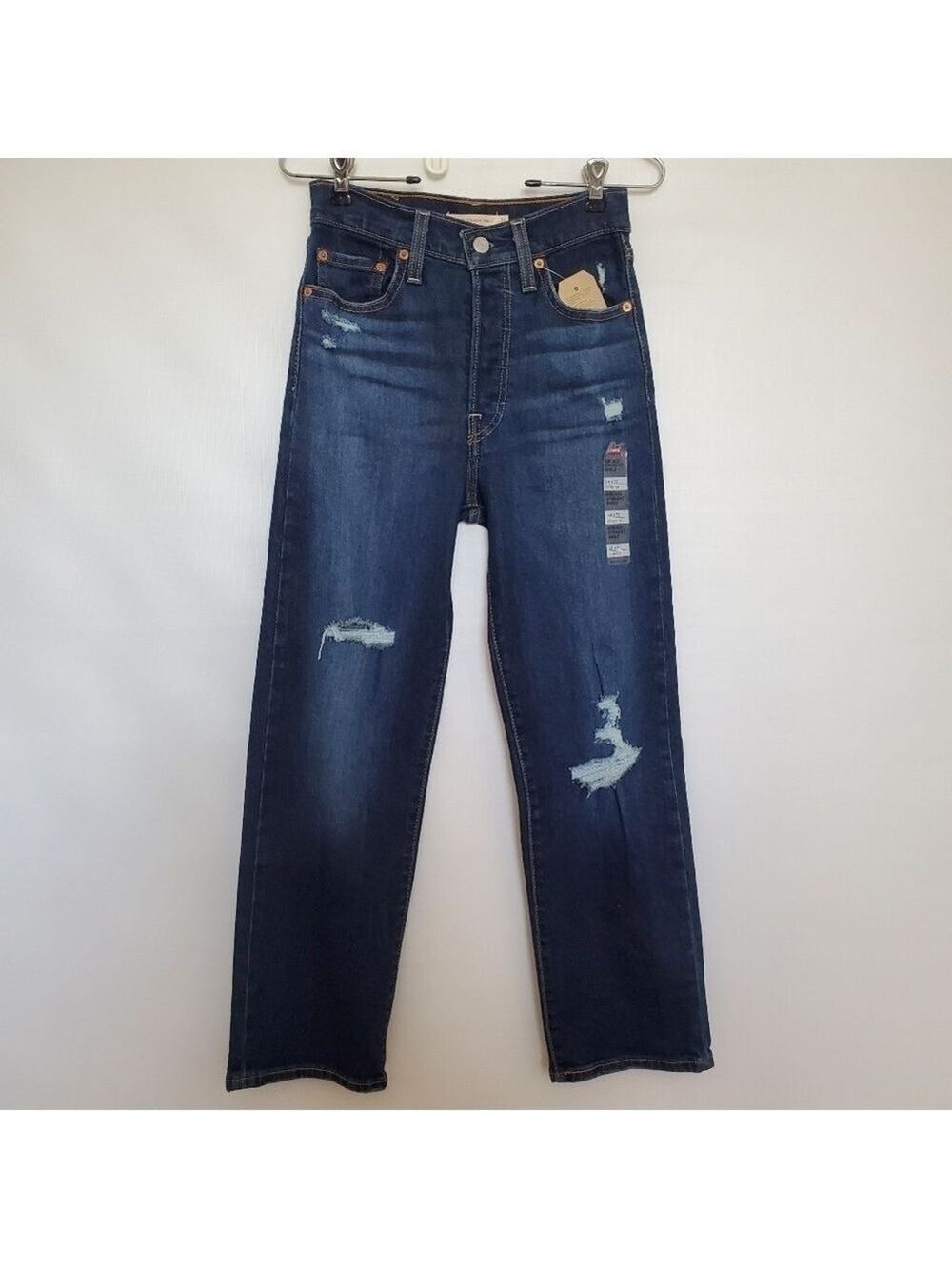 LEVI'S RIBCAGE STRAIGHT ANKLE JEANS HIGH RISE DISTRESSING DARK WASH BLUE 24